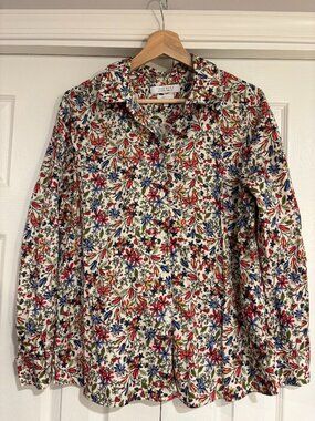 Foxcroft Floral Button-Down Shirt in Red, Blue, Green on Cream